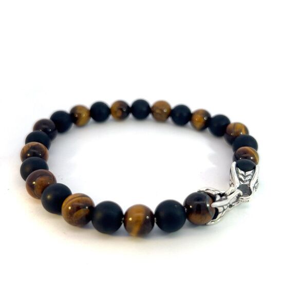 David Yurman Authentic Tiger Eye Matte Onyx Spiritual Bead Bracelet 8.5" Silver - Picture 2 of 5